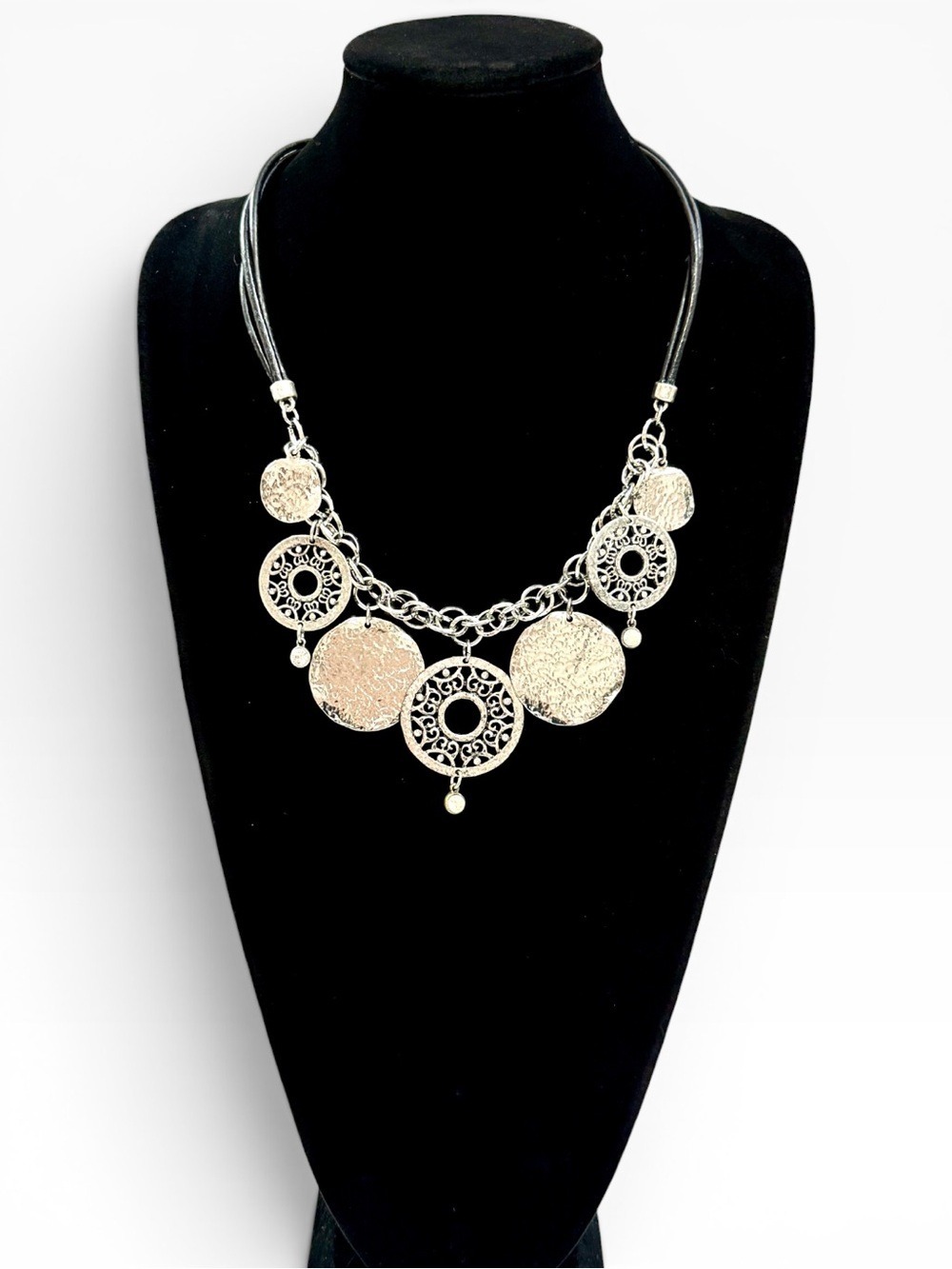 Chico's Silver Circle Filigree Statement Bib Necklace NWT